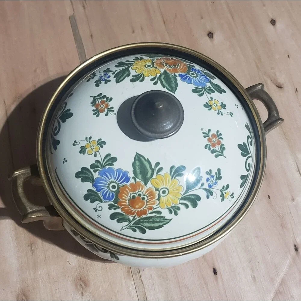 Vintage Fissler Asta Old Amsterdam Pattern Enamelware Warmer Brass Handles